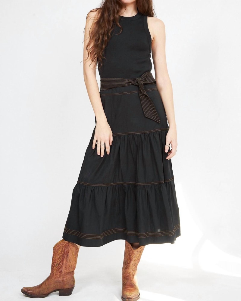 Front of a model wearing a size L Austyn Dress in Black in Black by Veronica Beard. | dia_product_style_image_id:339315